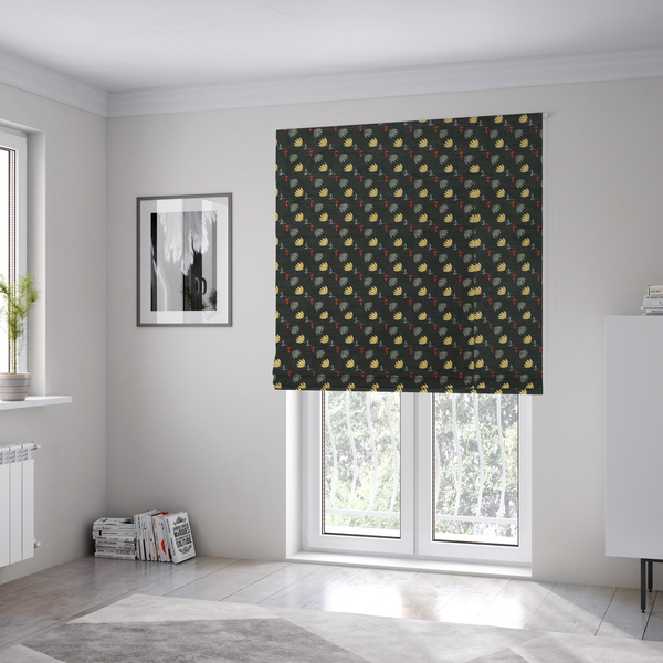 The fabric used to create these Roman blinds is a neat, small-scale botanical pattern arranged in diagonal rows. The design showcases small, stylized fan-shaped flowers in a muted golden-yellow, interspersed with grey dandelions and tiny red leaves on thin stems.