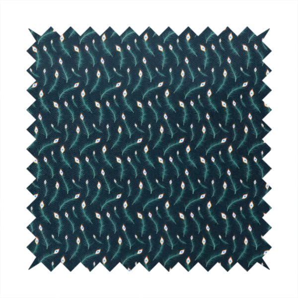 A dense, elegant peacock feather motif. The design showcase a repetitive pattern of small, curved green peacock feathers with bright orange, blue, and white "eyes" floating diagonally. The pattern is set against a dark charcoal grey background that has a subtle, woven herringbone texture.