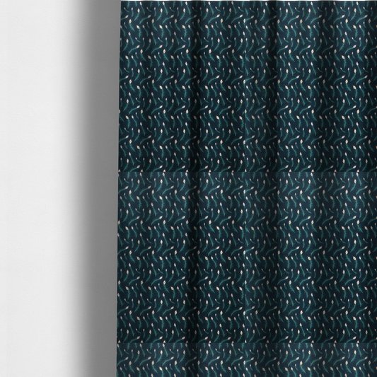 The fabric used to create these made-to-measure curtains is a dense, elegant peacock feather motif. The design showcase a repetitive pattern of small, curved green peacock feathers with bright orange, blue, and white "eyes" floating diagonally. The pattern is set against a dark charcoal grey background that has a subtle, woven herringbone texture.