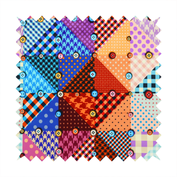 A vibrant, multi-coloured faux patchwork fabric pattern composed of alternating right-angled triangles to form a geometric grid. Each triangular patch features a distinct retro design, including hound's-tooth, gingham checks, diagonal plaids, and polka dots in various scales.