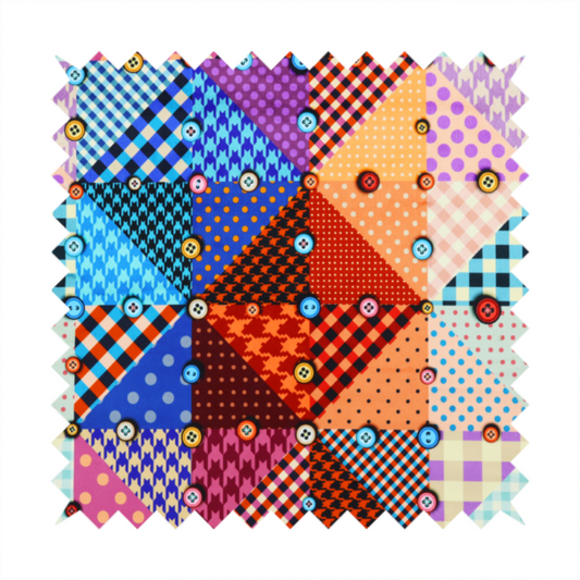 A vibrant, multi-coloured faux patchwork fabric pattern composed of alternating right-angled triangles to form a geometric grid. Each triangular patch features a distinct retro design, including hound's-tooth, gingham checks, diagonal plaids, and polka dots in various scales.