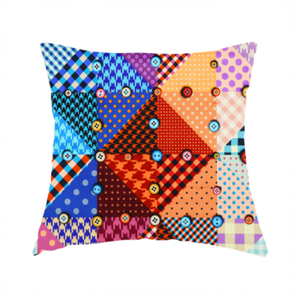 The fabric used to create this handmade cushion is a vibrant, multi-coloured faux patchwork fabric pattern composed of alternating right-angled triangles to form a geometric grid. Each triangular patch features a distinct retro design, including hound's-tooth, gingham checks, diagonal plaids, and polka dots in various scales.