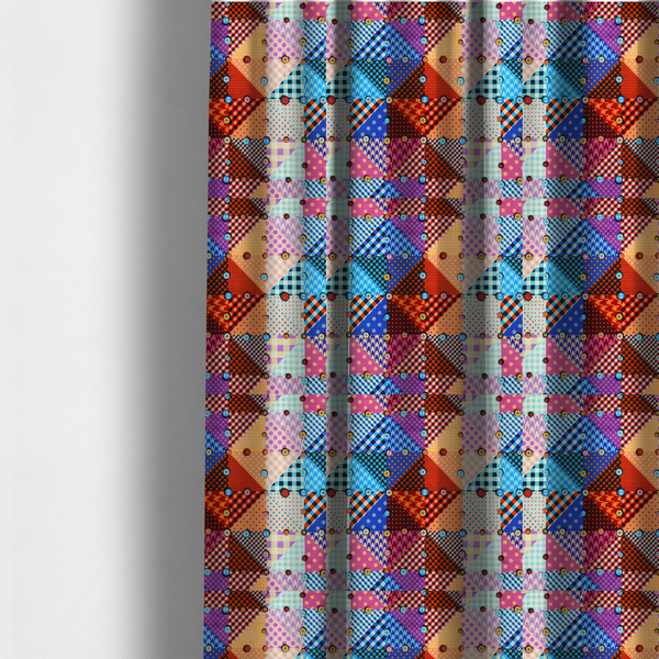 The fabric used to create these made-to-measure curtains is a vibrant, multi-coloured faux patchwork fabric pattern composed of alternating right-angled triangles to form a geometric grid. Each triangular patch features a distinct retro design, including hound's-tooth, gingham checks, diagonal plaids, and polka dots in various scales.