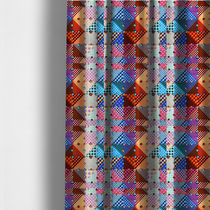 The fabric used to create these made-to-measure curtains is a vibrant, multi-coloured faux patchwork fabric pattern composed of alternating right-angled triangles to form a geometric grid. Each triangular patch features a distinct retro design, including hound's-tooth, gingham checks, diagonal plaids, and polka dots in various scales.