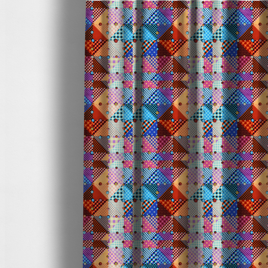 The fabric used to create these made-to-measure curtains is a vibrant, multi-coloured faux patchwork fabric pattern composed of alternating right-angled triangles to form a geometric grid. Each triangular patch features a distinct retro design, including hound's-tooth, gingham checks, diagonal plaids, and polka dots in various scales.