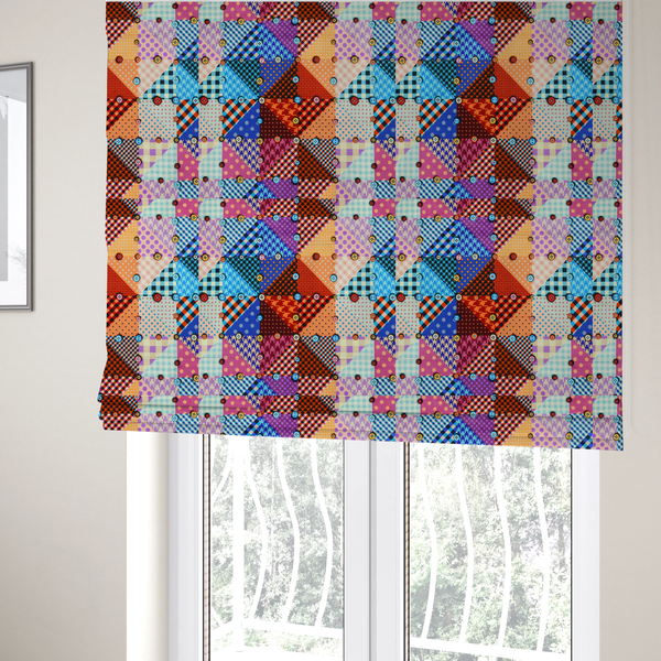 The fabric used to create these Roman blinds is a vibrant, multi-coloured faux patchwork fabric pattern composed of alternating right-angled triangles to form a geometric grid. Each triangular patch features a distinct retro design, including hound's-tooth, gingham checks, diagonal plaids, and polka dots in various scales.