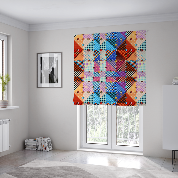 The fabric used to create these Roman blinds is a vibrant, multi-coloured faux patchwork fabric pattern composed of alternating right-angled triangles to form a geometric grid. Each triangular patch features a distinct retro design, including hound's-tooth, gingham checks, diagonal plaids, and polka dots in various scales.