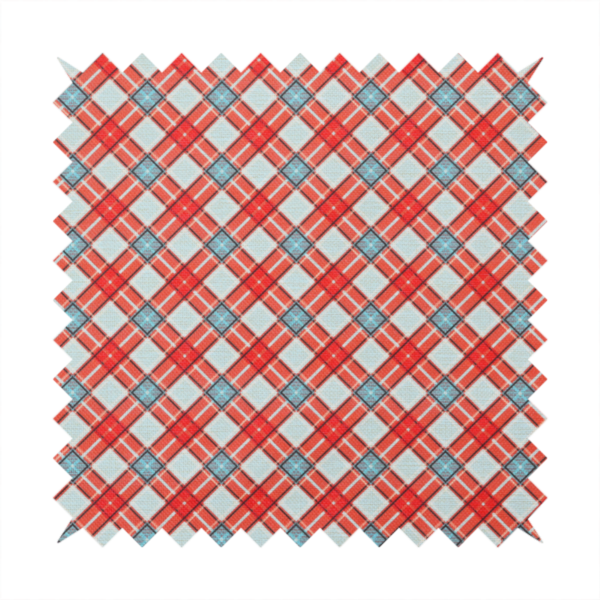 A vibrant diagonal plaid fabric pattern featuring crossing red, light blue, and white stripes on a textured background.