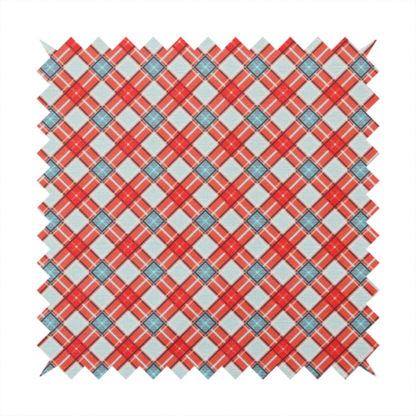 A vibrant diagonal plaid fabric pattern featuring crossing red, light blue, and white stripes on a textured background.