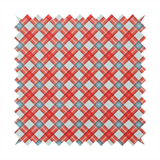 A vibrant diagonal plaid fabric pattern featuring crossing red, light blue, and white stripes on a textured background.
