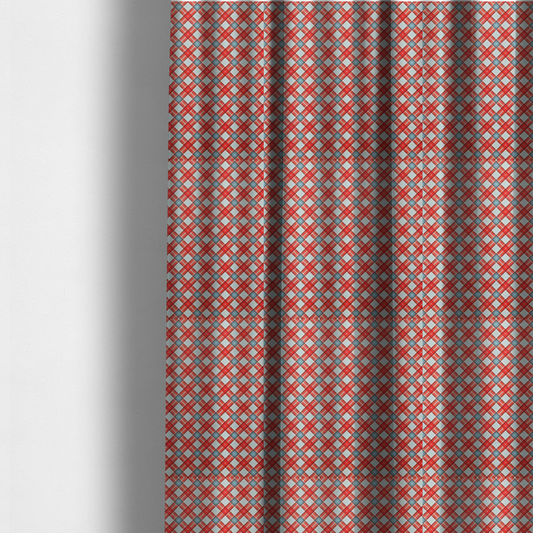 The fabric used to create these made-to-measure curtains is a vibrant diagonal plaid fabric pattern featuring crossing red, light blue, and white stripes on a textured background.