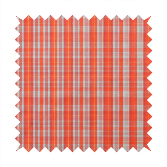 A bright plaid fabric pattern featuring thin, intersecting stripes of orange, light teal, and yellow on a textured background.