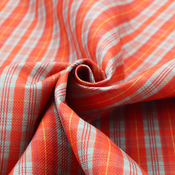 A bright plaid fabric pattern featuring thin, intersecting stripes of orange, light teal, and yellow on a textured background.