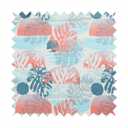 Abstract tropical fabric pattern featuring monstera leaf silhouettes and mid-century geometric shapes in coral, teal, aqua, and cream.