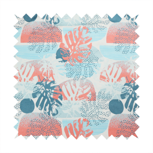 Abstract tropical fabric pattern featuring monstera leaf silhouettes and mid-century geometric shapes in coral, teal, aqua, and cream.