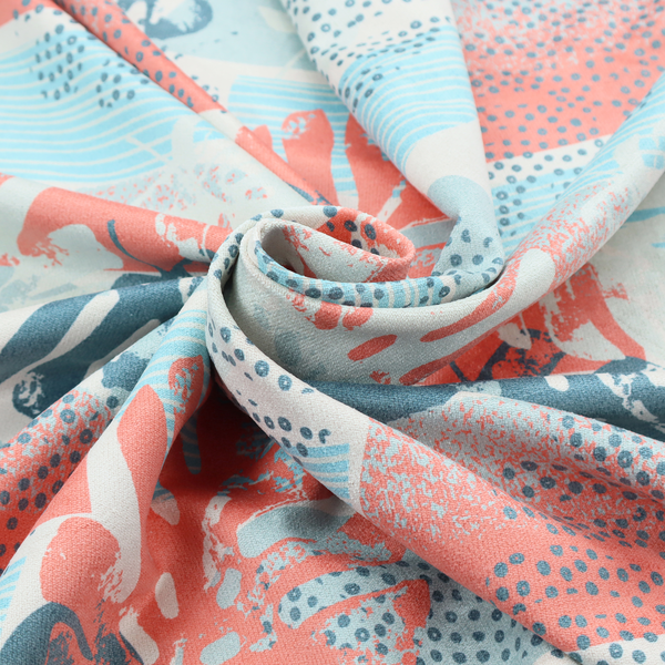 Abstract tropical fabric pattern featuring monstera leaf silhouettes and mid-century geometric shapes in coral, teal, aqua, and cream.