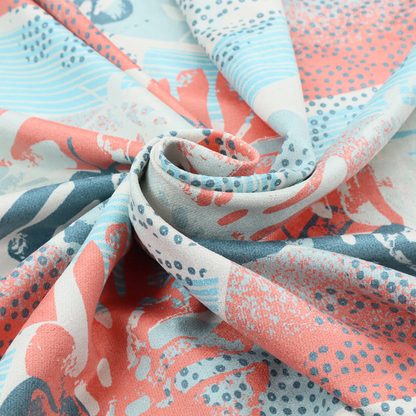 Abstract tropical fabric pattern featuring monstera leaf silhouettes and mid-century geometric shapes in coral, teal, aqua, and cream.