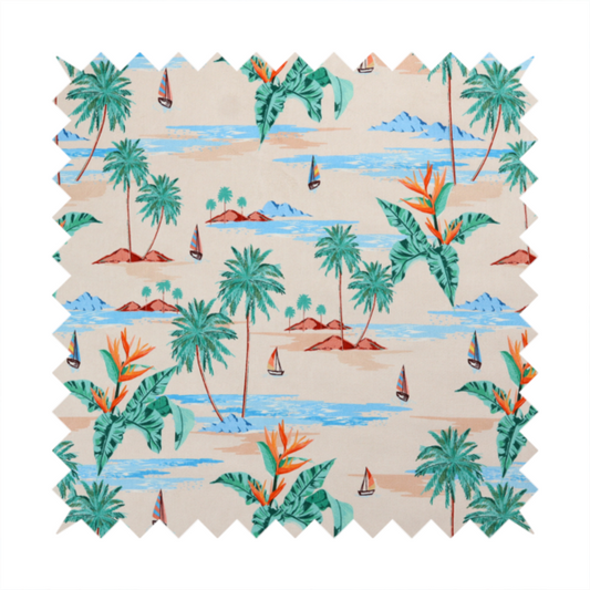 Vintage-style Hawaiian scenic fabric featuring palm trees, small sailboats, and orange Bird of Paradise flowers on a sandy beige background.