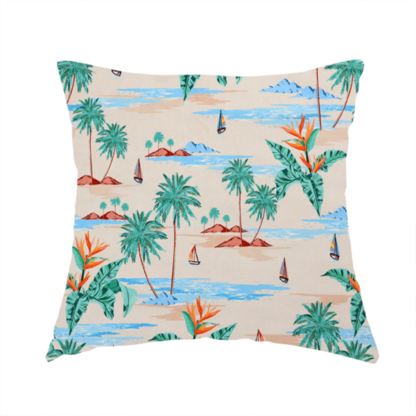 The fabric used to create this handmade cushion is a vintage-style Hawaiian scenic fabric featuring palm trees, small sailboats, and orange Bird of Paradise flowers on a sandy beige background.