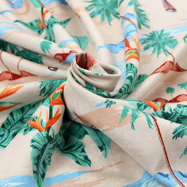 Vintage-style Hawaiian scenic fabric featuring palm trees, small sailboats, and orange Bird of Paradise flowers on a sandy beige background.