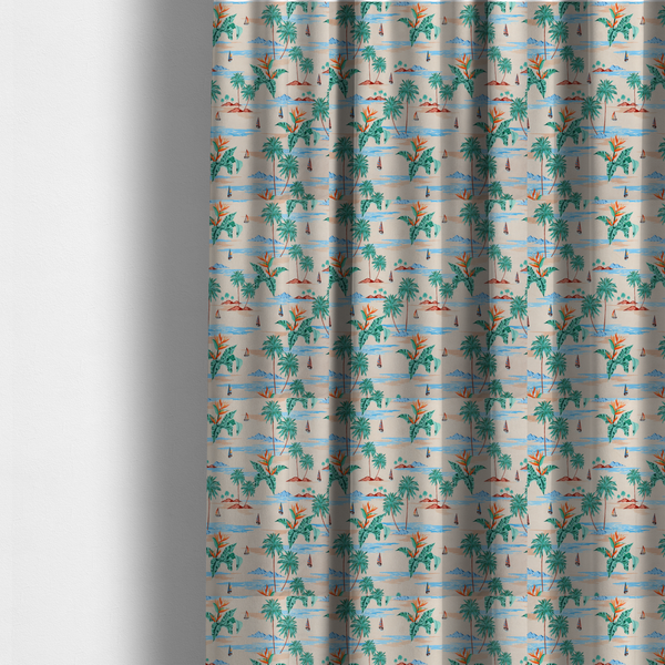 The fabric used to create these made-to-measure curtains is a vintage-style Hawaiian scenic fabric featuring palm trees, small sailboats, and orange Bird of Paradise flowers on a sandy beige background.