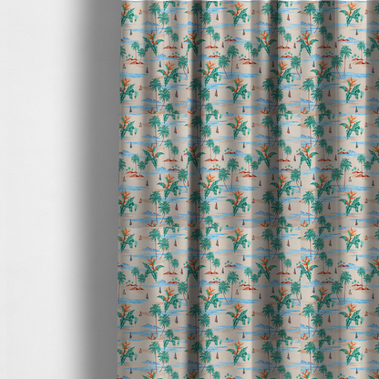 The fabric used to create these made-to-measure curtains is a vintage-style Hawaiian scenic fabric featuring palm trees, small sailboats, and orange Bird of Paradise flowers on a sandy beige background.