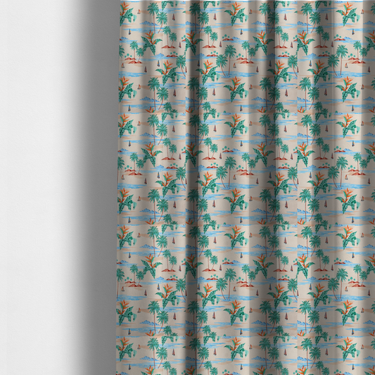 The fabric used to create these made-to-measure curtains is a vintage-style Hawaiian scenic fabric featuring palm trees, small sailboats, and orange Bird of Paradise flowers on a sandy beige background.