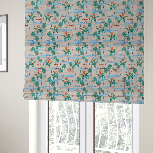 The fabric used to create these Roman blinds is a vintage-style Hawaiian scenic fabric featuring palm trees, small sailboats, and orange Bird of Paradise flowers on a sandy beige background.