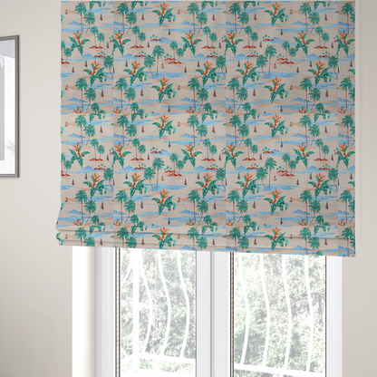The fabric used to create these Roman blinds is a vintage-style Hawaiian scenic fabric featuring palm trees, small sailboats, and orange Bird of Paradise flowers on a sandy beige background.