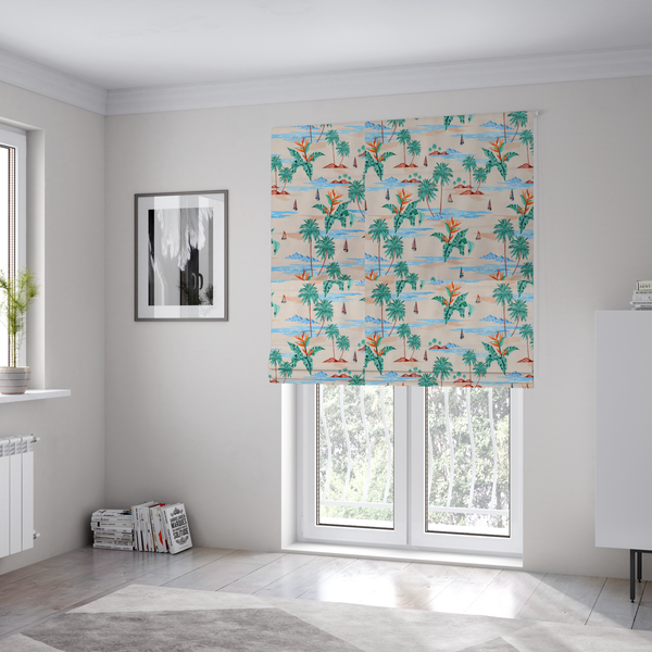 The fabric used to create these Roman blinds is a vintage-style Hawaiian scenic fabric featuring palm trees, small sailboats, and orange Bird of Paradise flowers on a sandy beige background.