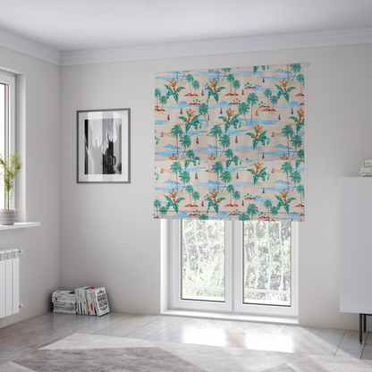 The fabric used to create these Roman blinds is a vintage-style Hawaiian scenic fabric featuring palm trees, small sailboats, and orange Bird of Paradise flowers on a sandy beige background.
