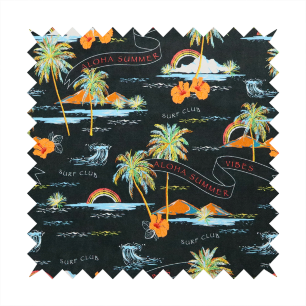Retro black tropical fabric featuring neon palm trees, rainbows, orange hibiscus flowers, and vintage ribbons reading "Aloha Summer" and "Vibes".