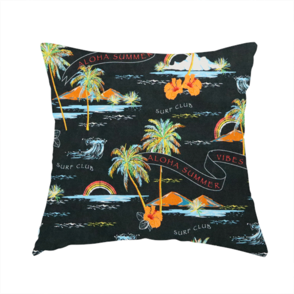 The fabric used to create this handmade cushion is a retro black tropical fabric featuring neon palm trees, rainbows, orange hibiscus flowers, and vintage ribbons reading "Aloha Summer" and "Vibes".