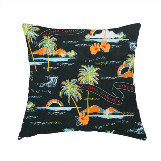 The fabric used to create this handmade cushion is a retro black tropical fabric featuring neon palm trees, rainbows, orange hibiscus flowers, and vintage ribbons reading "Aloha Summer" and "Vibes".