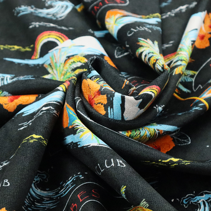 Retro black tropical fabric featuring neon palm trees, rainbows, orange hibiscus flowers, and vintage ribbons reading "Aloha Summer" and "Vibes".