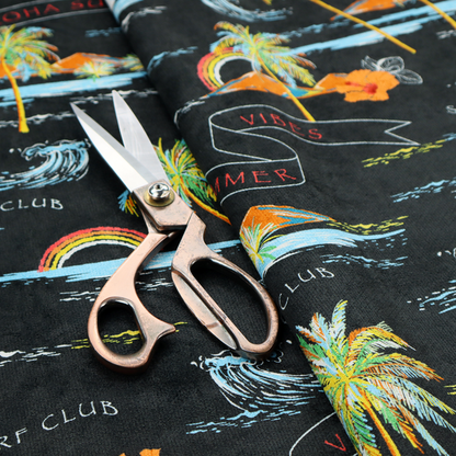 Retro black tropical fabric featuring neon palm trees, rainbows, orange hibiscus flowers, and vintage ribbons reading "Aloha Summer" and "Vibes".