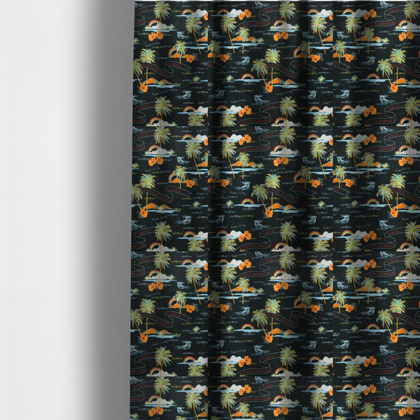 The fabric used to crate these made-to-measure curtains is a retro black tropical fabric featuring neon palm trees, rainbows, orange hibiscus flowers, and vintage ribbons reading "Aloha Summer" and "Vibes".