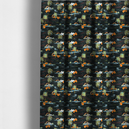 The fabric used to crate these made-to-measure curtains is a retro black tropical fabric featuring neon palm trees, rainbows, orange hibiscus flowers, and vintage ribbons reading "Aloha Summer" and "Vibes".