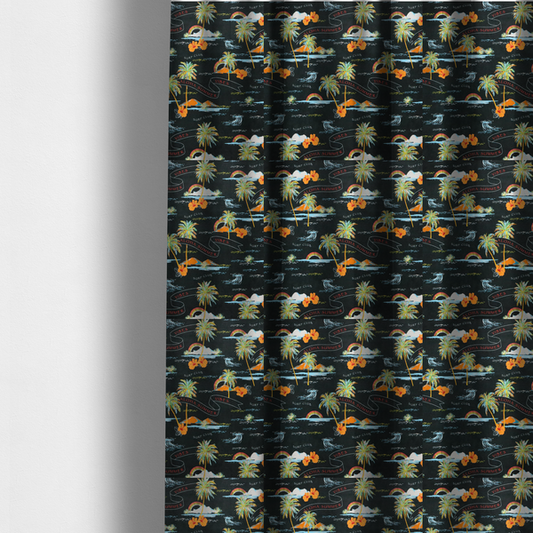 The fabric used to crate these made-to-measure curtains is a retro black tropical fabric featuring neon palm trees, rainbows, orange hibiscus flowers, and vintage ribbons reading "Aloha Summer" and "Vibes".