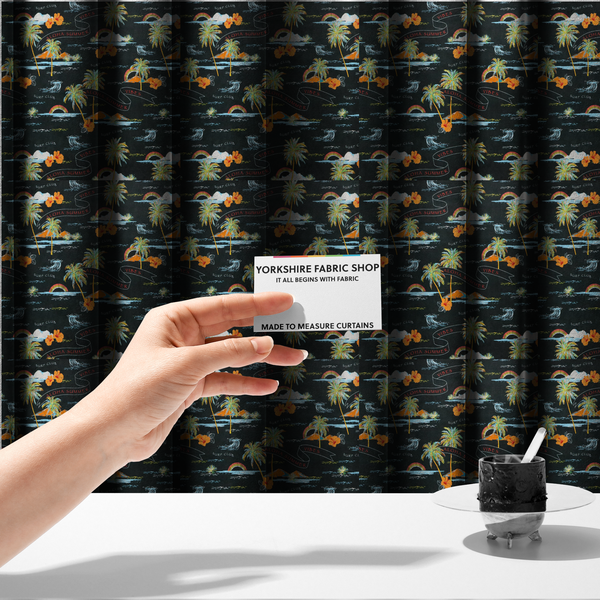 The fabric used to crate these made-to-measure curtains is a retro black tropical fabric featuring neon palm trees, rainbows, orange hibiscus flowers, and vintage ribbons reading "Aloha Summer" and "Vibes".