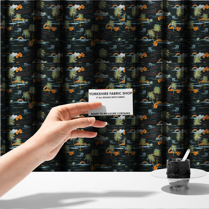 The fabric used to crate these made-to-measure curtains is a retro black tropical fabric featuring neon palm trees, rainbows, orange hibiscus flowers, and vintage ribbons reading "Aloha Summer" and "Vibes".