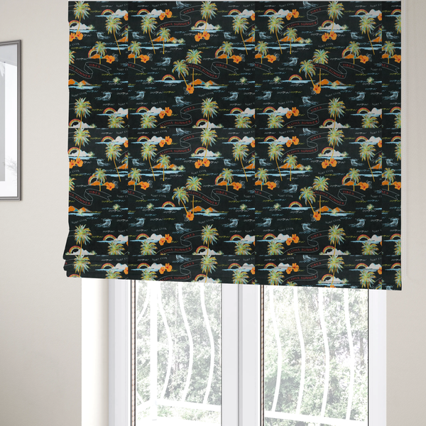 The fabric used to create these Roman blinds is a retro black tropical fabric featuring neon palm trees, rainbows, orange hibiscus flowers, and vintage ribbons reading "Aloha Summer" and "Vibes".