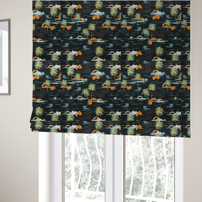 The fabric used to create these Roman blinds is a retro black tropical fabric featuring neon palm trees, rainbows, orange hibiscus flowers, and vintage ribbons reading "Aloha Summer" and "Vibes".