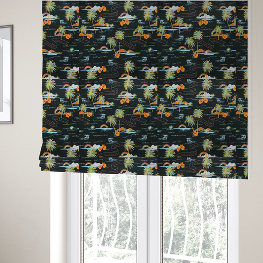 The fabric used to create these Roman blinds is a retro black tropical fabric featuring neon palm trees, rainbows, orange hibiscus flowers, and vintage ribbons reading "Aloha Summer" and "Vibes".