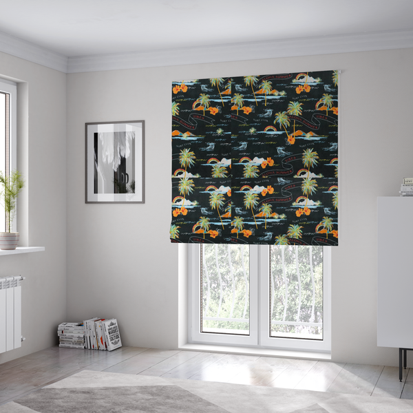 The fabric used to create these Roman blinds is a retro black tropical fabric featuring neon palm trees, rainbows, orange hibiscus flowers, and vintage ribbons reading "Aloha Summer" and "Vibes".