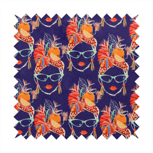 A repeating pattern on dark purple fabric featuring stylized line-art faces of women wearing light green cat-eye sunglasses, bright red lipstick, and elaborate tropical headwraps adorned with orange slices and palm leaves.