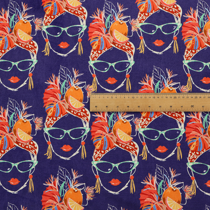 A repeating pattern on dark purple fabric featuring stylized line-art faces of women wearing light green cat-eye sunglasses, bright red lipstick, and elaborate tropical headwraps adorned with orange slices and palm leaves.