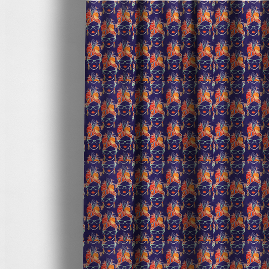The fabric used to create these made-to-measure curtains is a repeating pattern on dark purple fabric featuring stylized line-art faces of women wearing light green cat-eye sunglasses, bright red lipstick, and elaborate tropical headwraps adorned with orange slices and palm leaves.