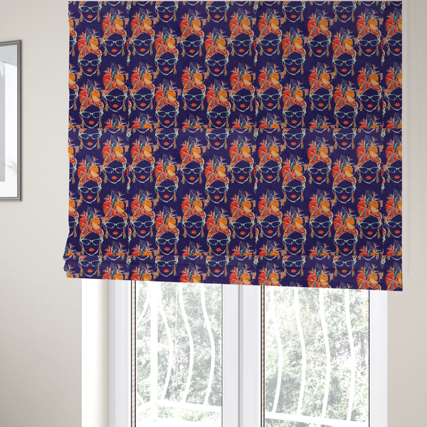 The fabric used to create these Roman blinds is a repeating pattern on dark purple fabric featuring stylized line-art faces of women wearing light green cat-eye sunglasses, bright red lipstick, and elaborate tropical headwraps adorned with orange slices and palm leaves.