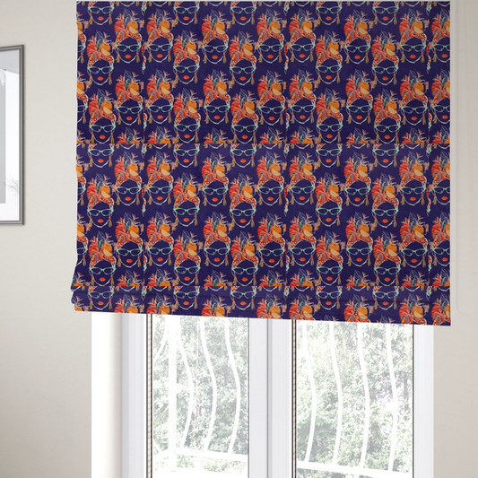 The fabric used to create these Roman blinds is a repeating pattern on dark purple fabric featuring stylized line-art faces of women wearing light green cat-eye sunglasses, bright red lipstick, and elaborate tropical headwraps adorned with orange slices and palm leaves.
